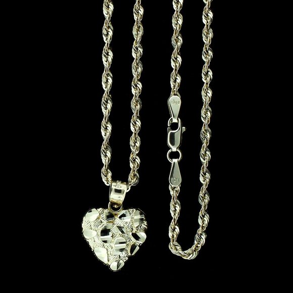 10K Real Gold Rope Chain and Nugget Heart Charm Pendant Set